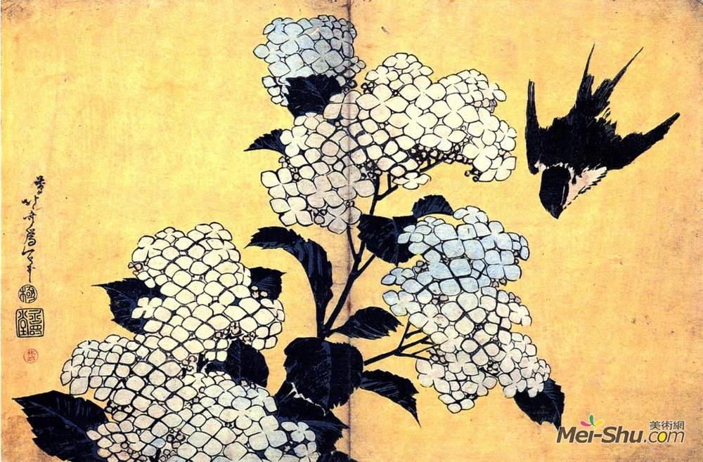 葛饰北斋(Katsushika Hokusai)高清作品《绣球和燕子》