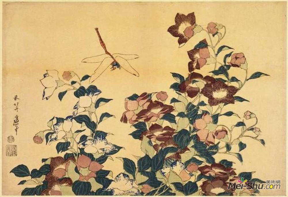 葛饰北斋(Katsushika Hokusai)高清作品《蓝铃虫和蜻蜓》