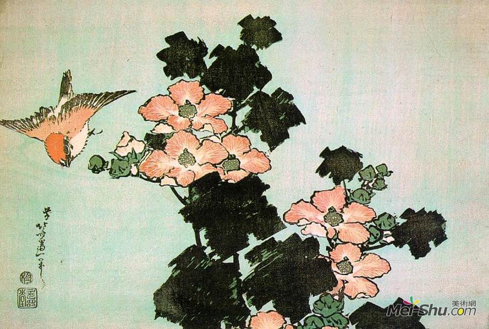 葛饰北斋(Katsushika Hokusai)高清作品《芙蓉和麻雀》