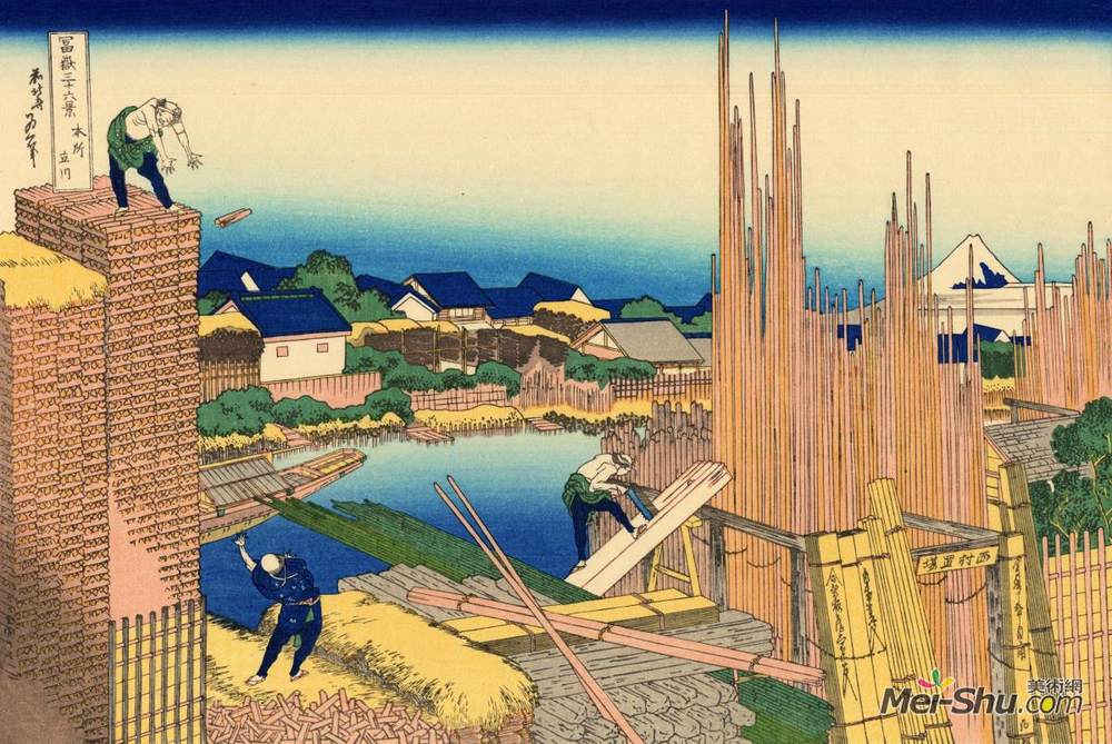 葛饰北斋(Katsushika Hokusai)高清作品《Honjo Tatekawa, the timberyard at Honjo》