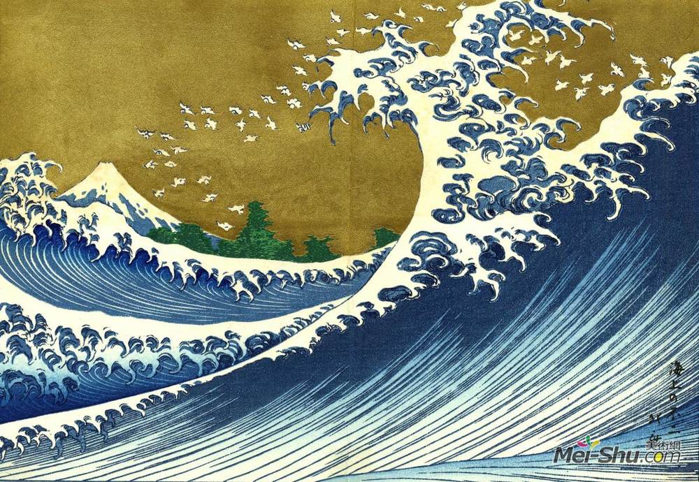 葛饰北斋(Katsushika Hokusai)高清作品《大波的彩色版本》