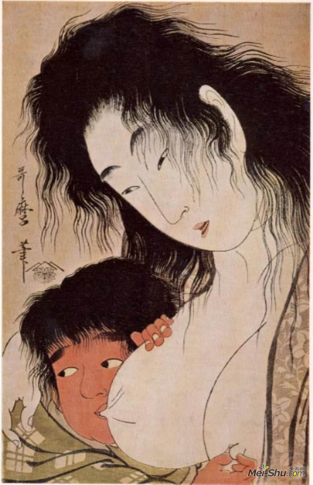 喜多川歌麿(Kitagawa Utamaro)高清作品《Yama uba and Kintaro with a Wine Cup》