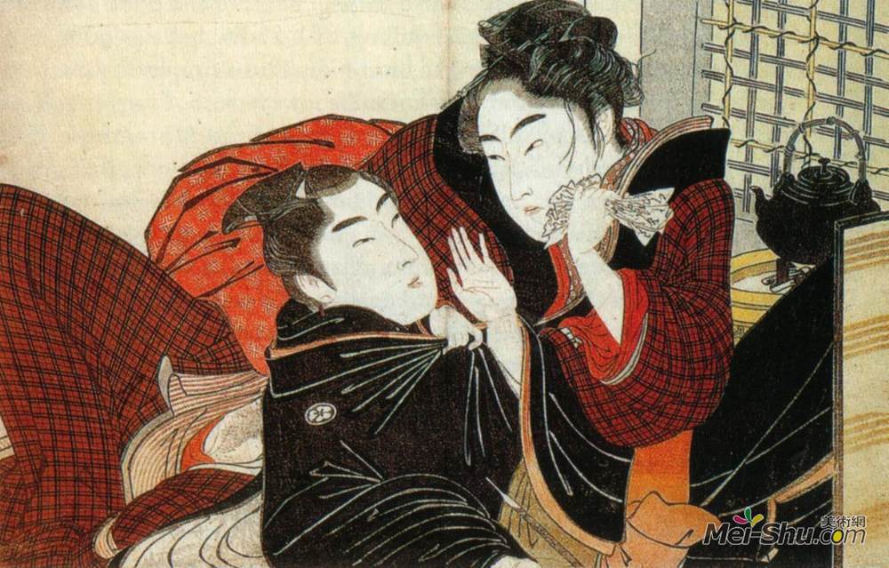 喜多川歌麿(Kitagawa Utamaro)高清作品《“抱枕之诗”中的场景》