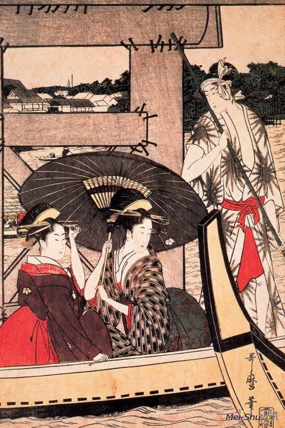 喜多川歌麿(Kitagawa Utamaro)高清作品《在桥下享受凉爽的晚风》