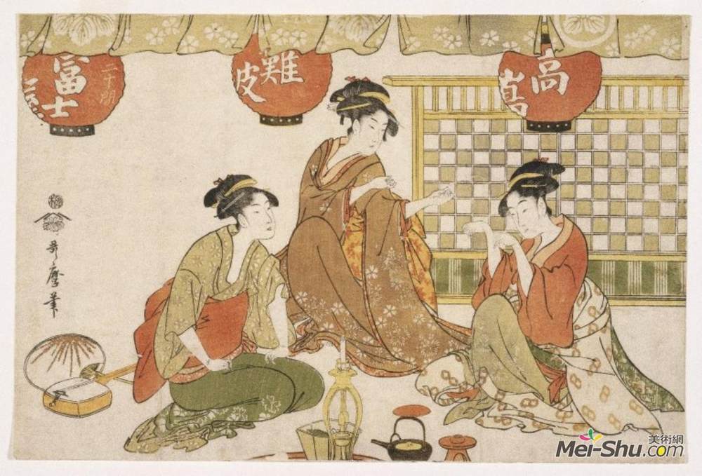 喜多川歌麿(Kitagawa Utamaro)高清作品《三位坐着灯笼的女士》