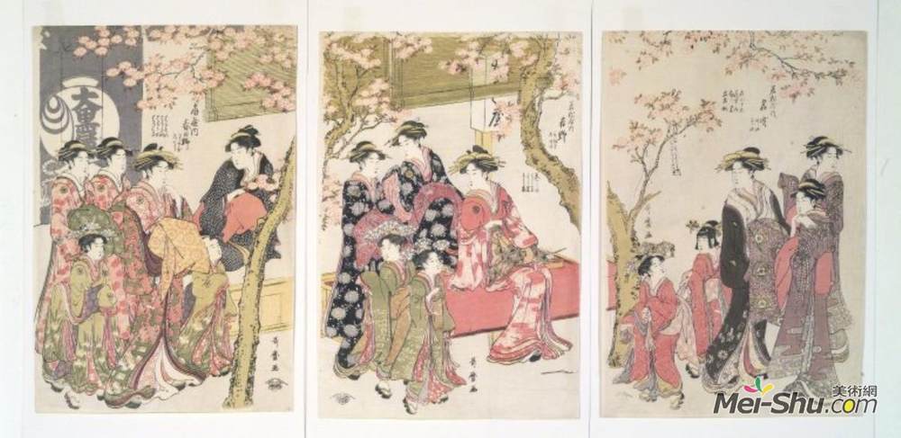 喜多川歌麿(Kitagawa Utamaro)高清作品《大教堂前樱花树下的妓女漫步》