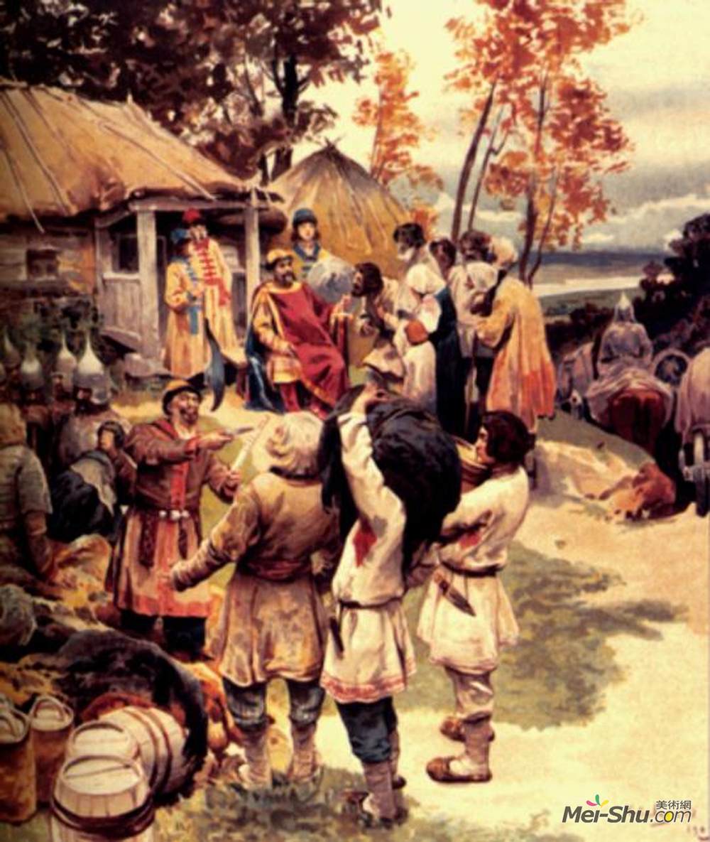 克拉夫迪瓦西里耶维奇列别杰夫(Klavdy Lebedev)高清作品《Russian knyaz Igor exacts tribute from the Drevlyans in 945》