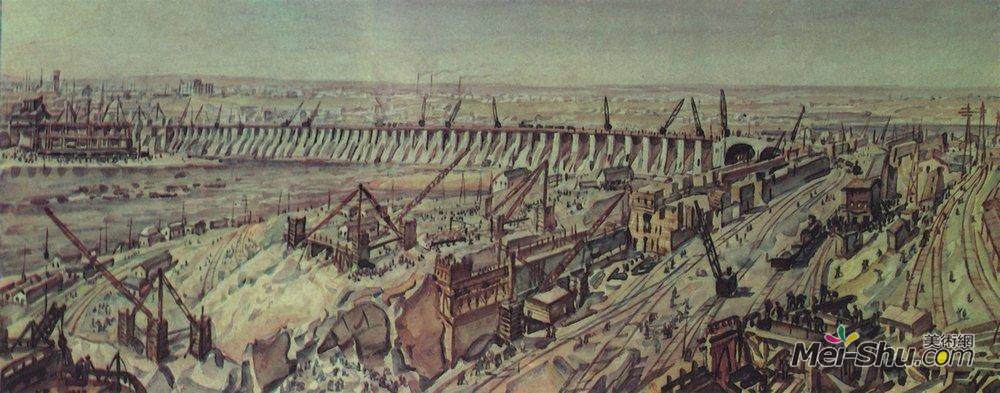 康斯坦丁·博加耶夫斯基(Konstantin Bogaevsky)高清作品《第聂伯水电站建设概况》
