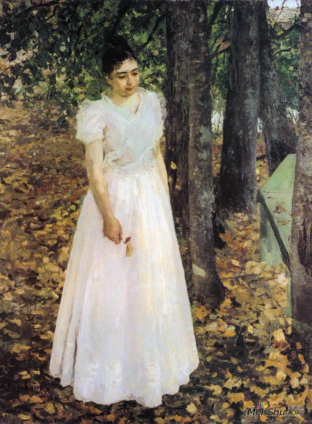 康斯坦丁·柯罗文(Konstantin Korovin)高清作品《Autumn.Young Woman in a Garden》