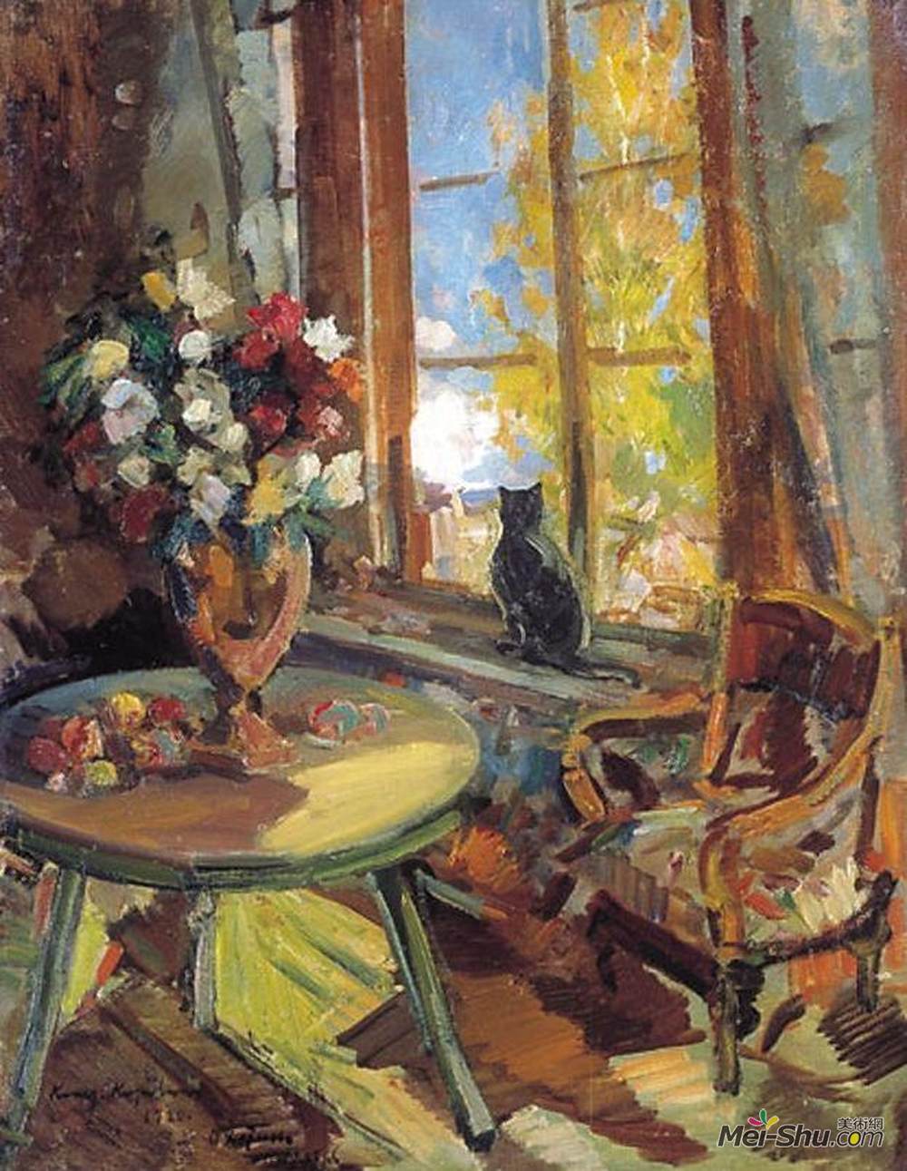 康斯坦丁·柯罗文(Konstantin Korovin)高清作品《窗台上的黑猫》