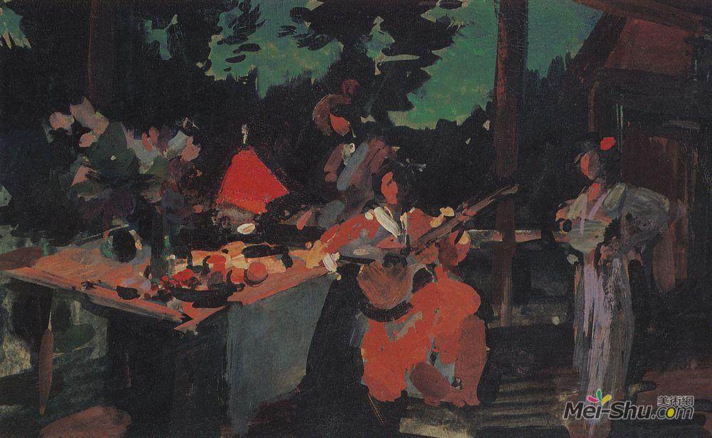 康斯坦丁·柯罗文(Konstantin Korovin)高清作品《在阳台上夜幕降临》