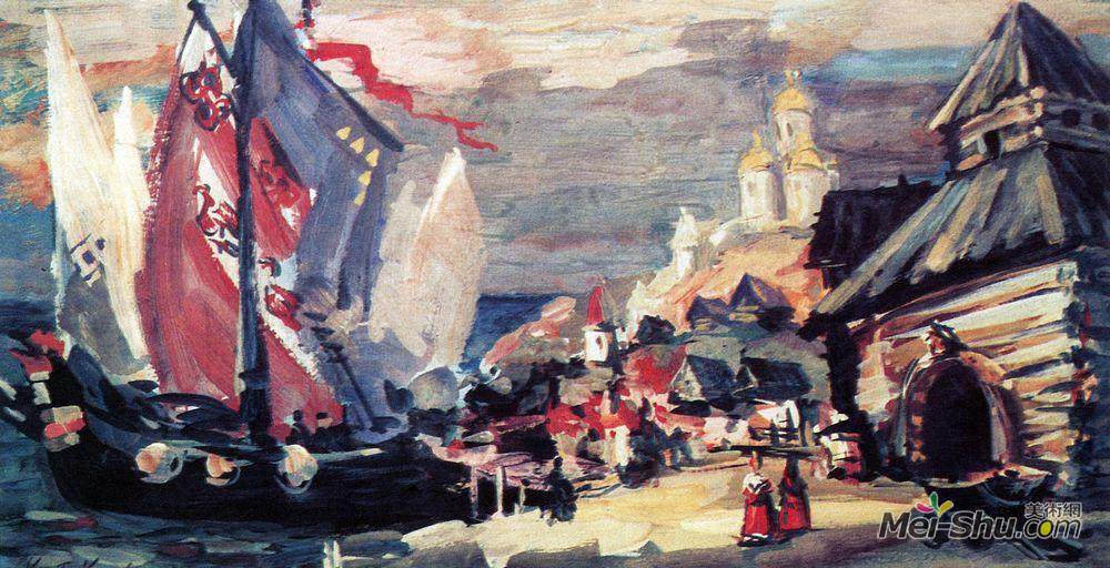 康斯坦丁·柯罗文(Konstantin Korovin)高清作品《诺夫哥罗德码头》