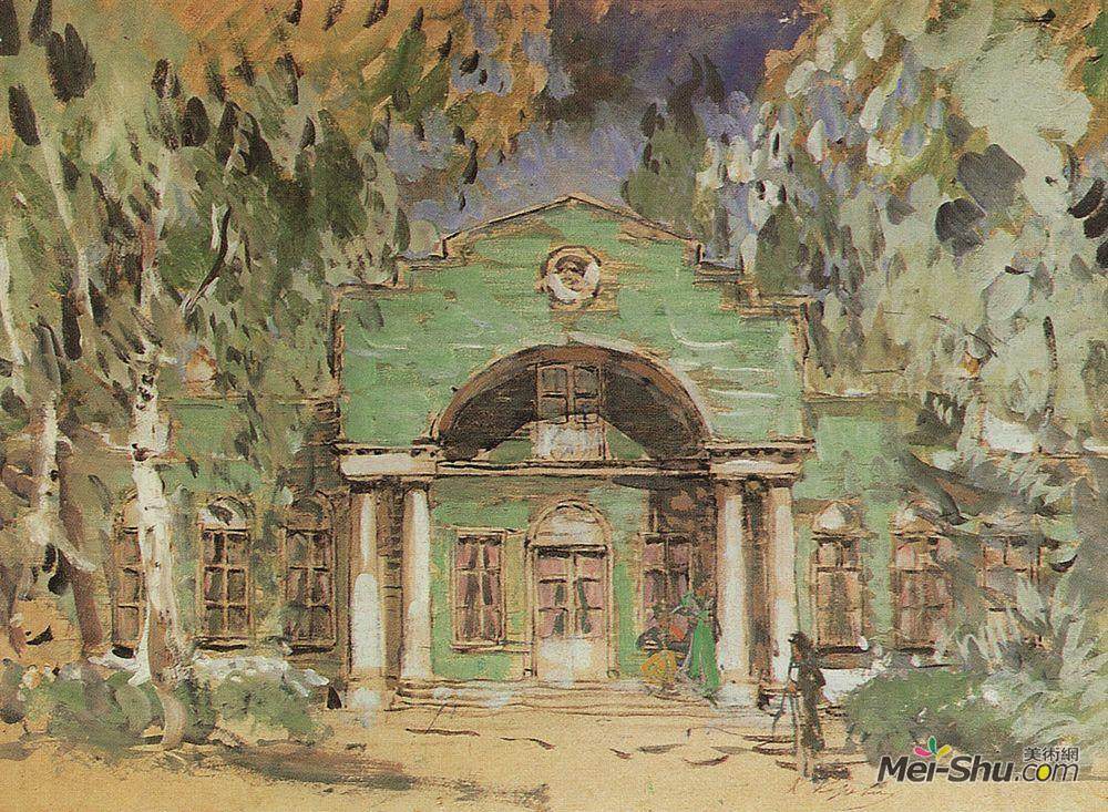 康斯坦丁·柯罗文(Konstantin Korovin)高清作品《The Larin`s Garden. Sketch of set for P. Tchaikovsky`s opera》