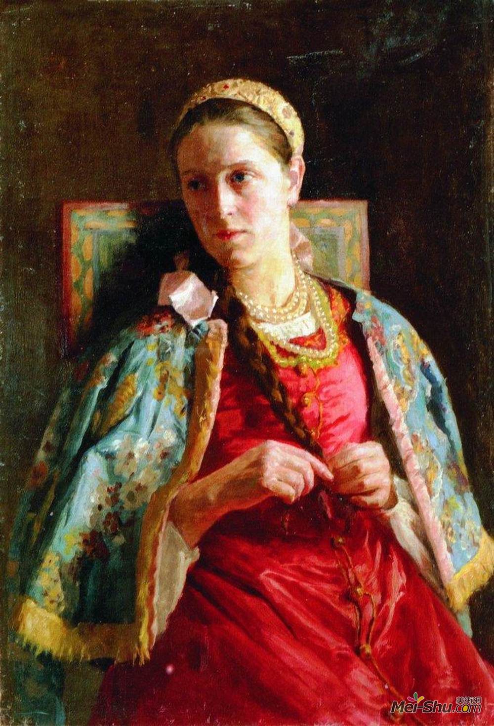 康斯坦丁·马科夫斯基(Konstantin Makovsky)高清作品《俄罗斯服装的年轻女士的画像》