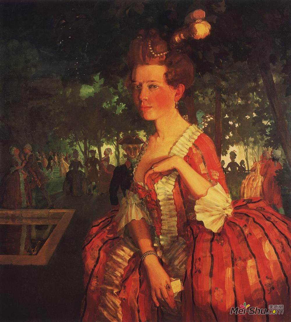 康斯坦丁·索莫夫(Konstantin Somov)高清作品《穿着红色连衣裙的年轻女孩（带信的女孩）》