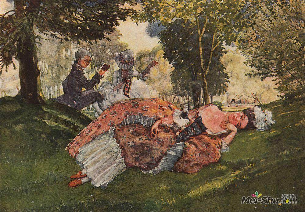 康斯坦丁·索莫夫(Konstantin Somov)高清作品《睡在草地上的年轻女人》