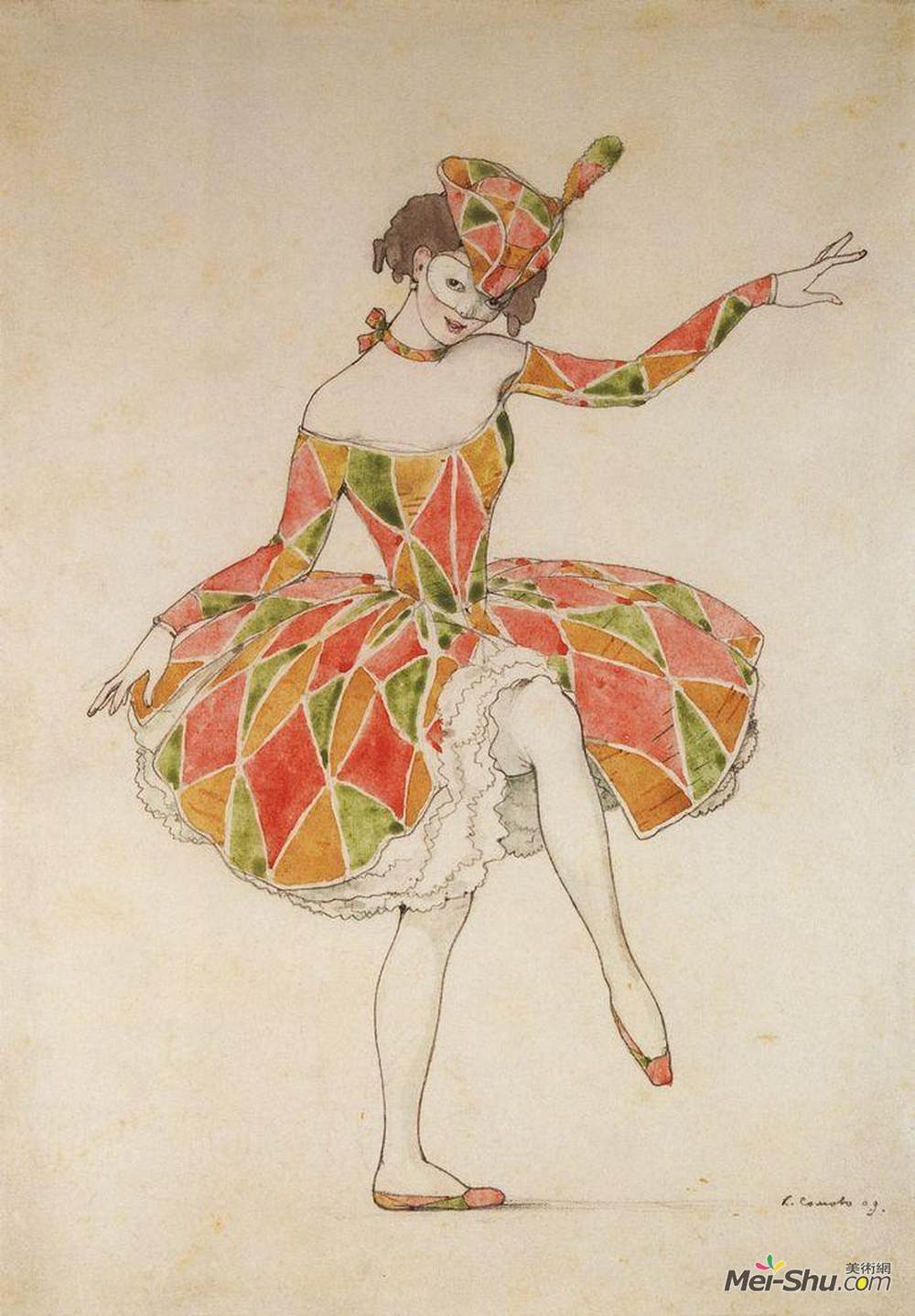 康斯坦丁·索莫夫(Konstantin Somov)高清作品《《丑角》中安娜·巴甫洛娃的哥伦布服装设计》