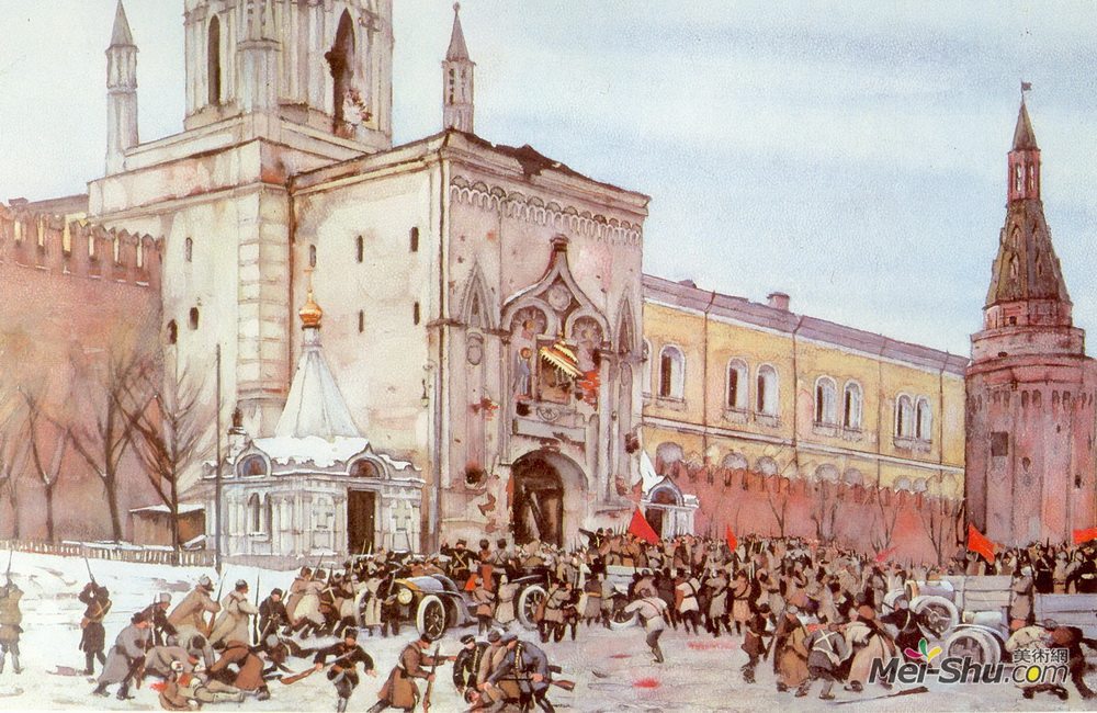 康斯坦丁·由安(Konstantin Yuon)高清作品《Before entering into Kremlin. Nikolsky Gate 2 (15) November》