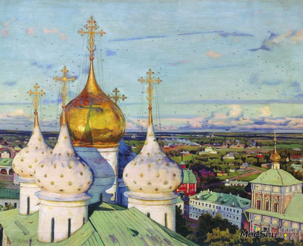 康斯坦丁·由安(Konstantin Yuon)高清作品《Domes and swallows. Assumption Cathedral of the Trinity Serg》