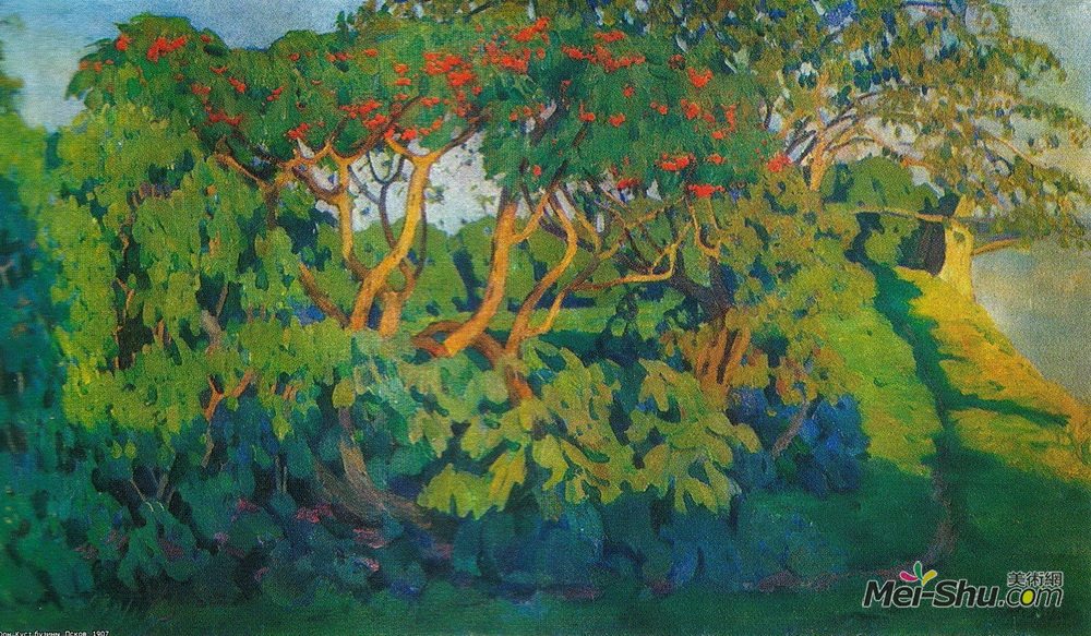 康斯坦丁·由安(Konstantin Yuon)高清作品《接骨木浆果。装饰景观。普斯科夫》