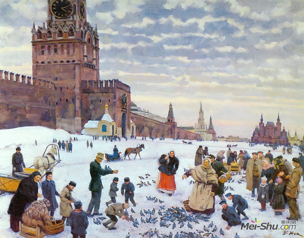 康斯坦丁·由安(Konstantin Yuon)高清作品《1890-1900年红场饲养鸽》