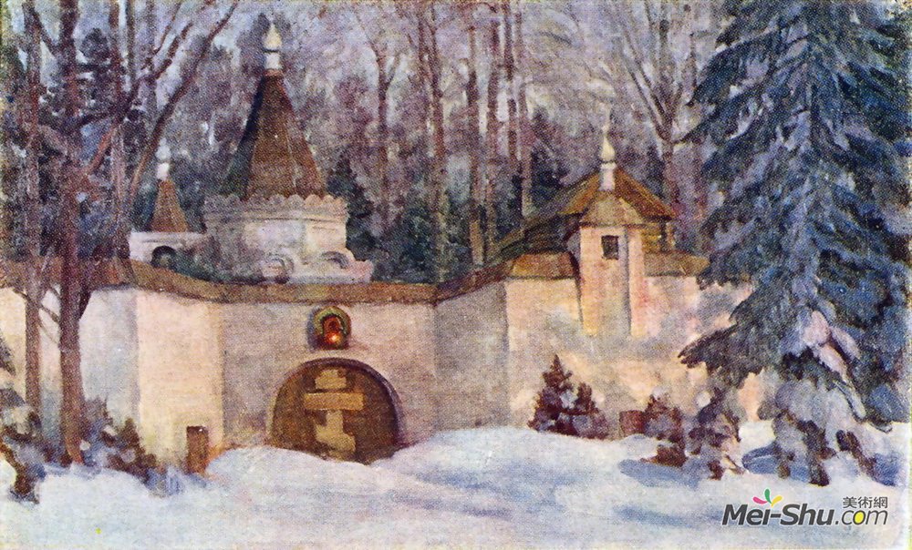 康斯坦丁·由安(Konstantin Yuon)高清作品《为格林卡歌剧集设计。寺院里》