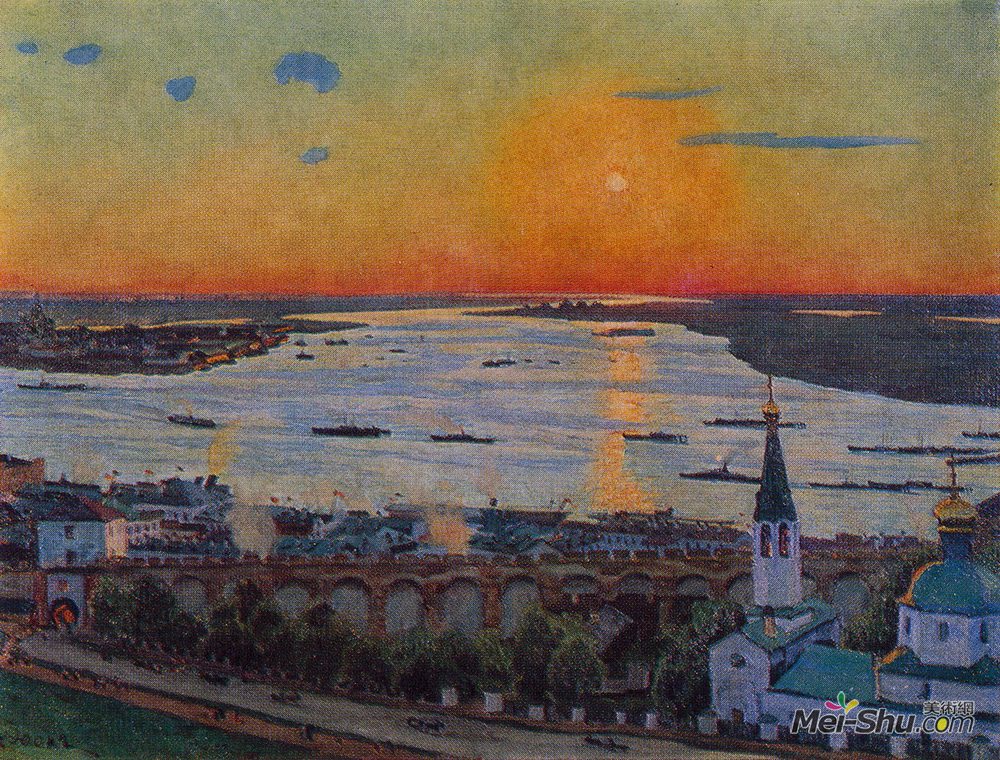 康斯坦丁·由安(Konstantin Yuon)高清作品《伏尔加的日落。诺夫哥罗德尼》