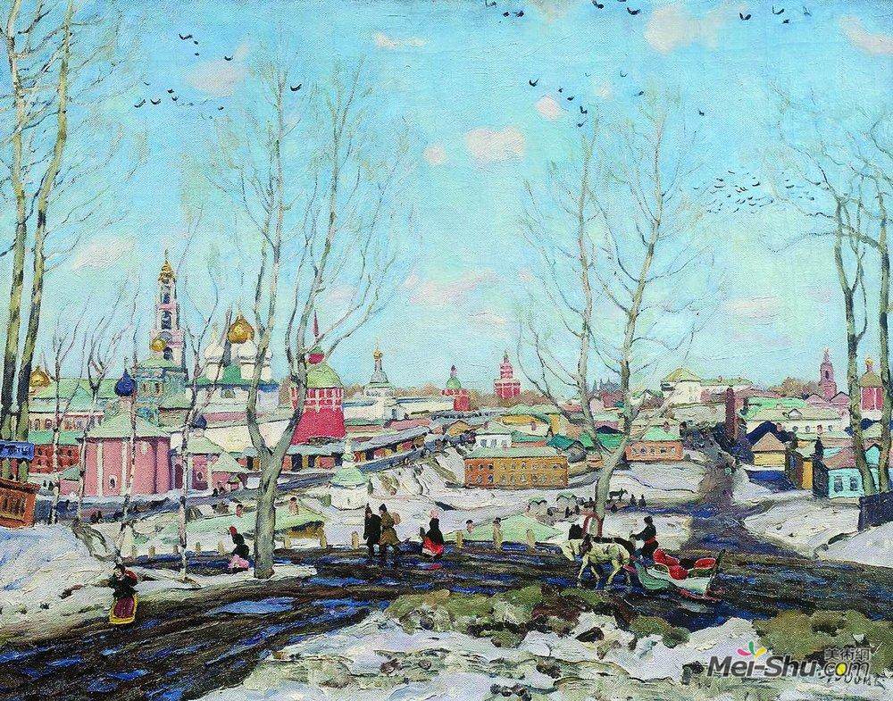 康斯坦丁·由安(Konstantin Yuon)高清作品《春天的特里西斯塞尔吉耶夫修道院》