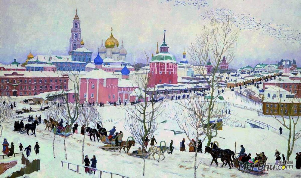 康斯坦丁·由安(Konstantin Yuon)高清作品《冬天的特里西耶瑟尔吉耶夫修道院》