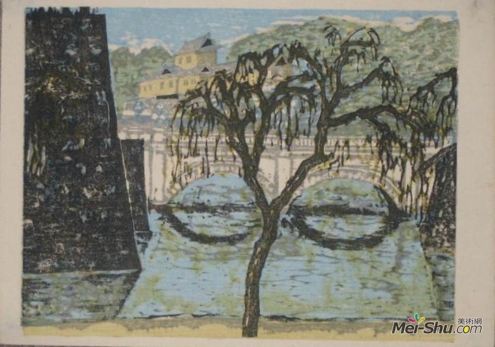 恩地孝四郎(Koshiro Onchi)高清作品《Nijubashi (Bridge to the Imperial Palace) from the series Sc》