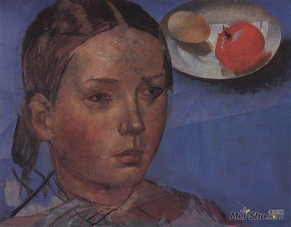 库兹马·彼得罗夫(Kuzma Petrov-Vodkin)高清作品《静物背景下的女儿肖像》
