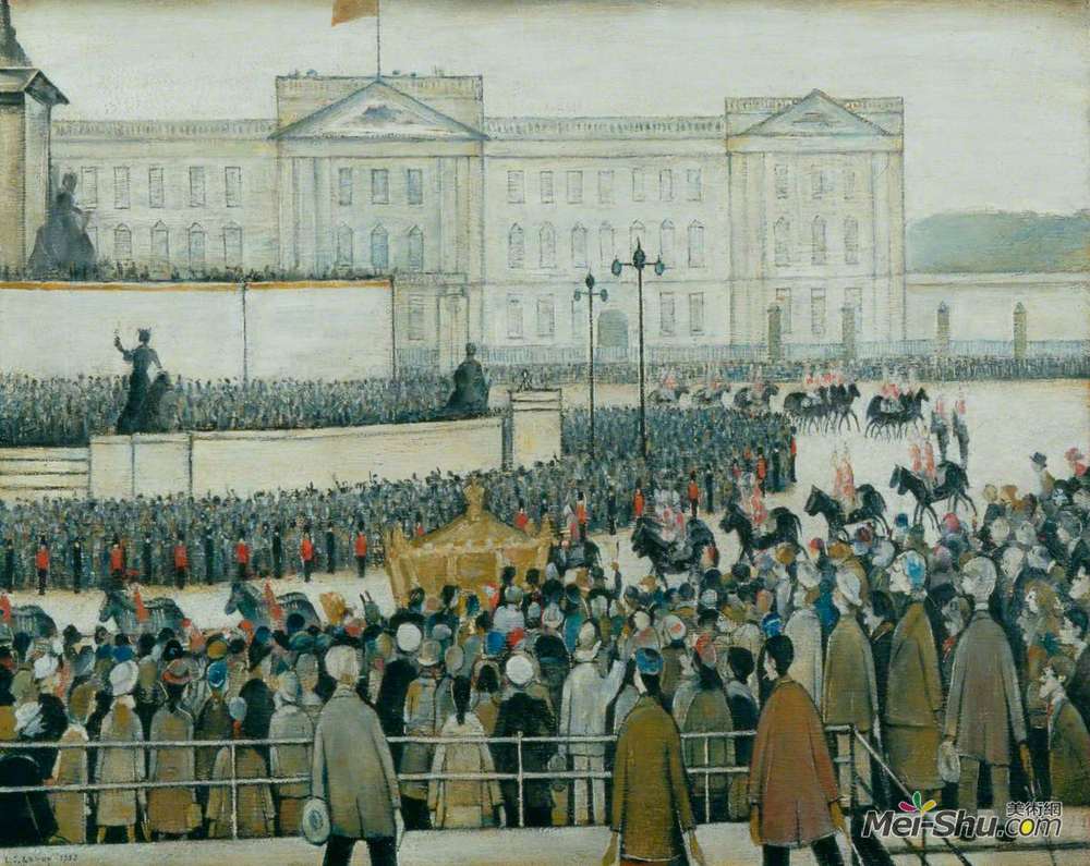 L·S·洛里(L. S. Lowry)高清作品《The Procession Passing the Queen Victoria Memorial, Coronati》