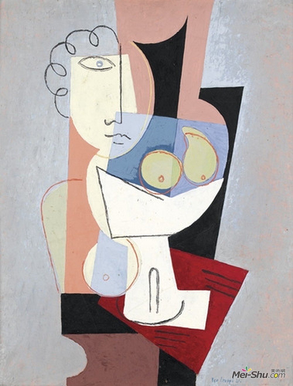 利奥勒皮皮(Leo Leuppi)高清作品《Abstraktes Stillleben mit Figur und Fr&üchteschale》