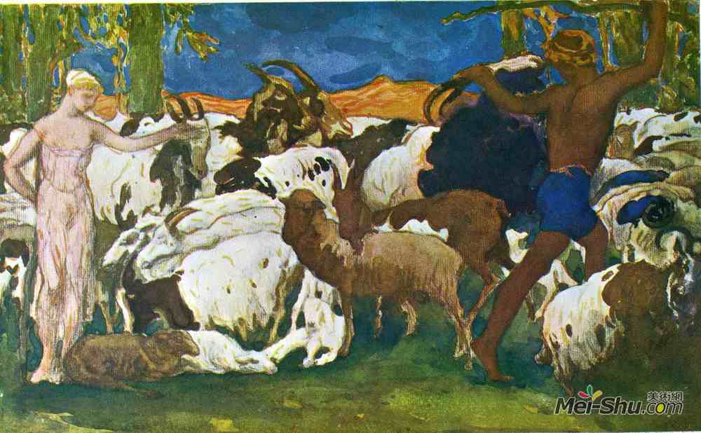 莱昂·巴克斯特(Leon Bakst)高清作品《达芬妮与比利佛拜金狗互致晚安》