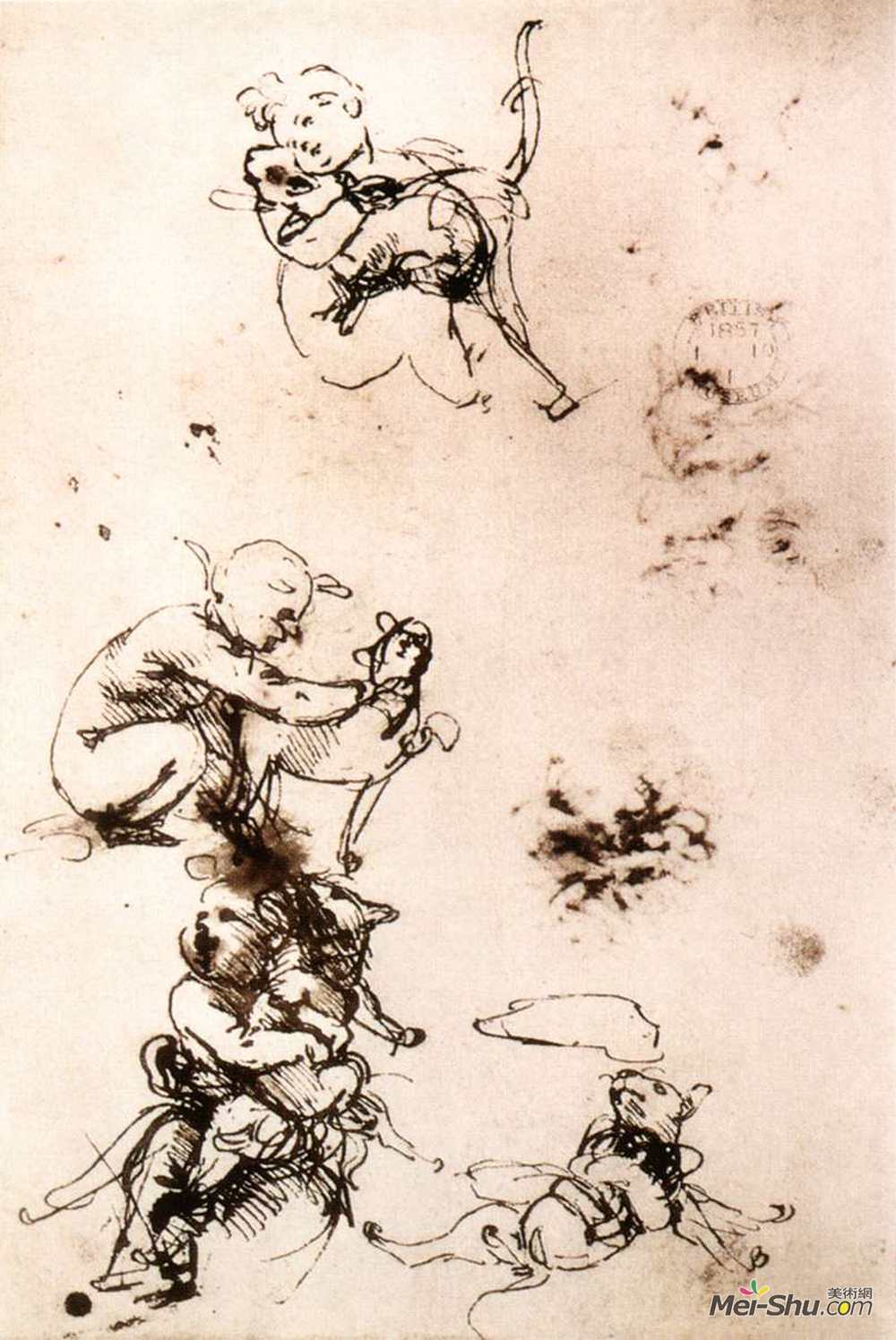 达·芬奇(Leonardo da Vinci)高清作品《一个带猫的孩子的研究》