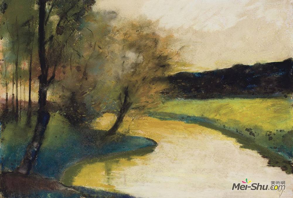 雷瑟·里(Lesser Ury)高清作品《在晚上光的秋季溪风景》