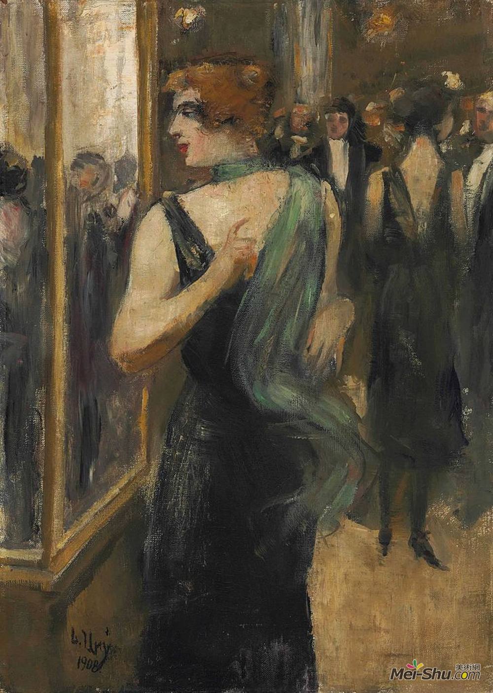 雷瑟·里(Lesser Ury)高清作品《穿着绿色围巾的黑色晚礼服女士》