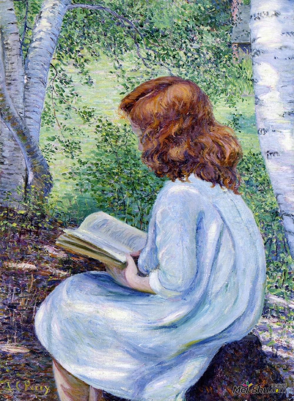 利亚·卡伯特·佩里(Lilla Cabot Perry)高清作品《红头发儿童阅读》