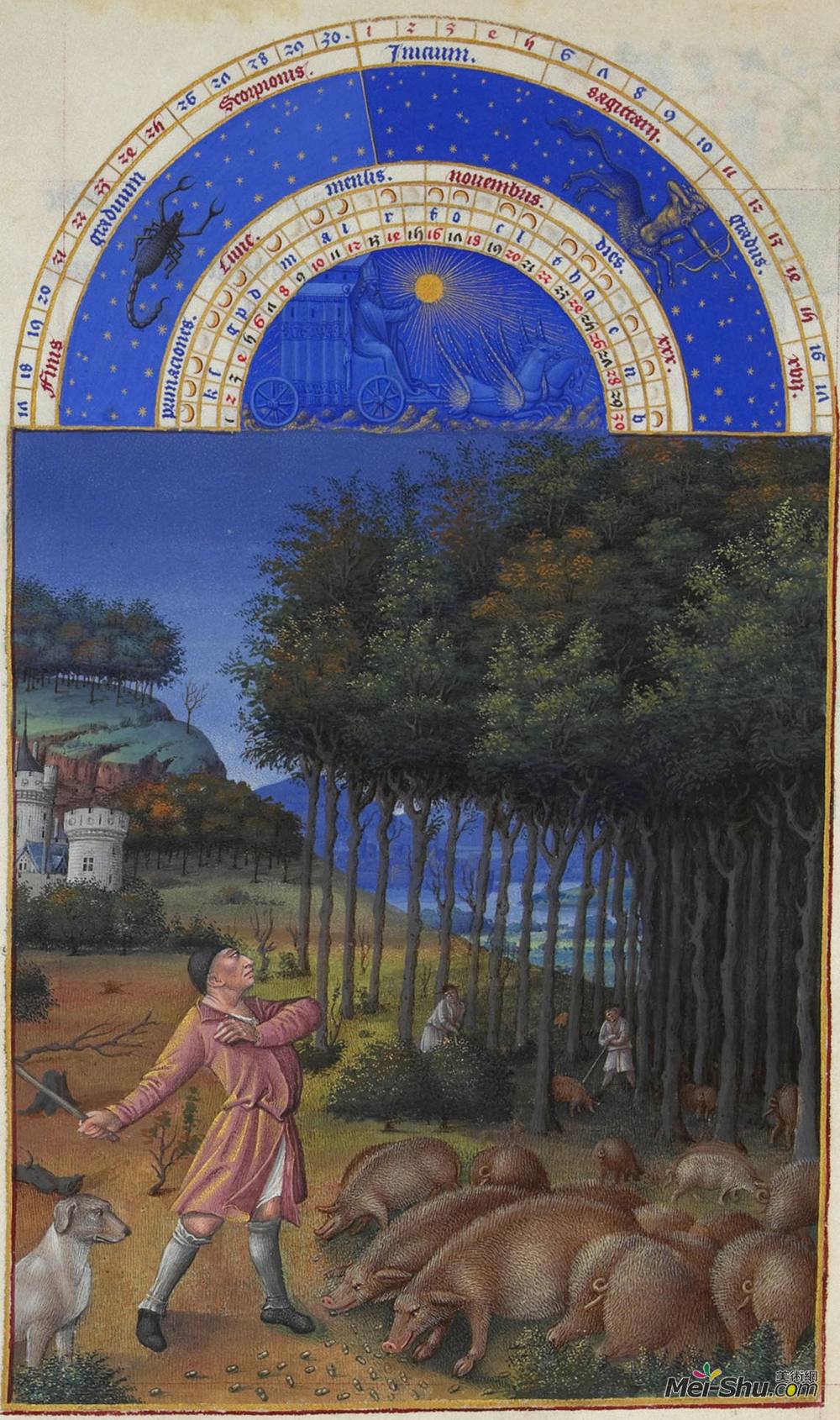 林堡兄弟(Limbourg brothers)高清作品《十一月：给猪喂食橡子》
