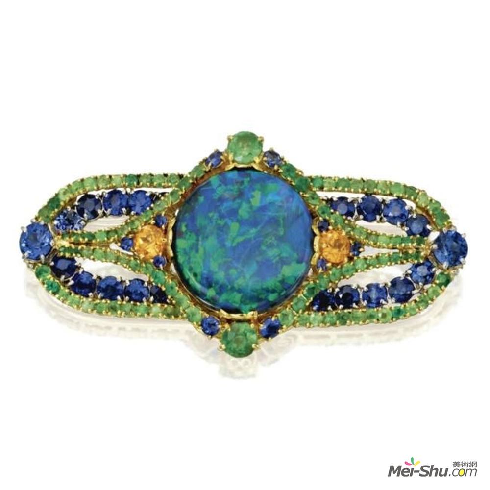 蒂凡尼(Louis Comfort Tiffany)高清作品《Karat Gold, Platinum, Opal, Sapphire, and Garnet Brooch》
