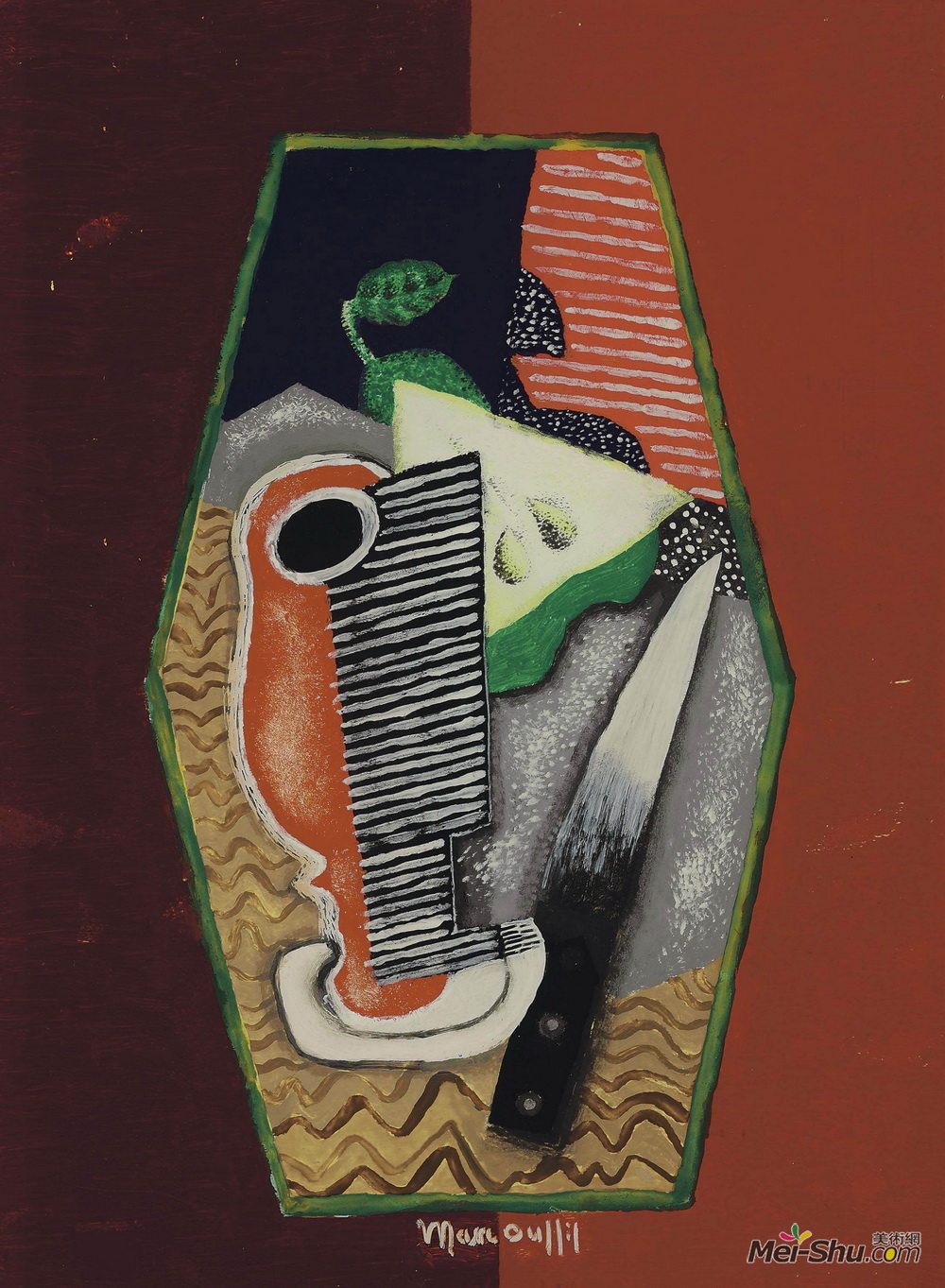 刘易斯·马库锡(Louis Marcoussis)高清作品《绿色梨和刀》