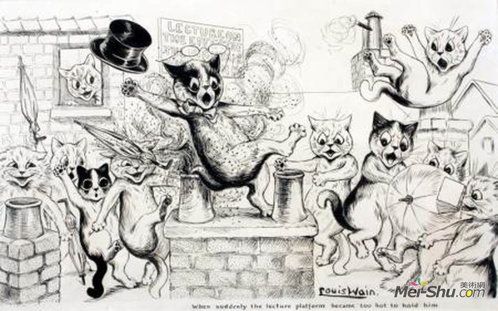 刘易斯·韦恩(Louis Wain)高清作品《WHEN SUDDENLY THE LECTURE PLATFORM BECAME TOO HOT TO HOLD HI》