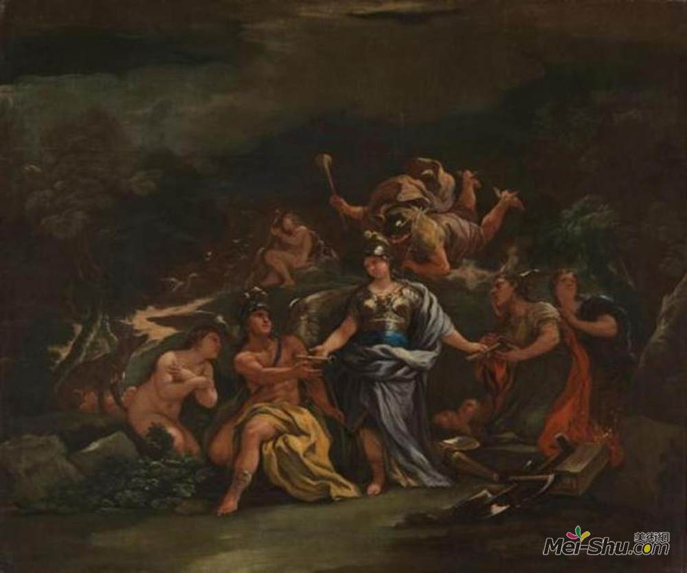卢卡·吉奥达诺(Luca Giordano)高清作品《米勒娃是艺术与科学的保护者》