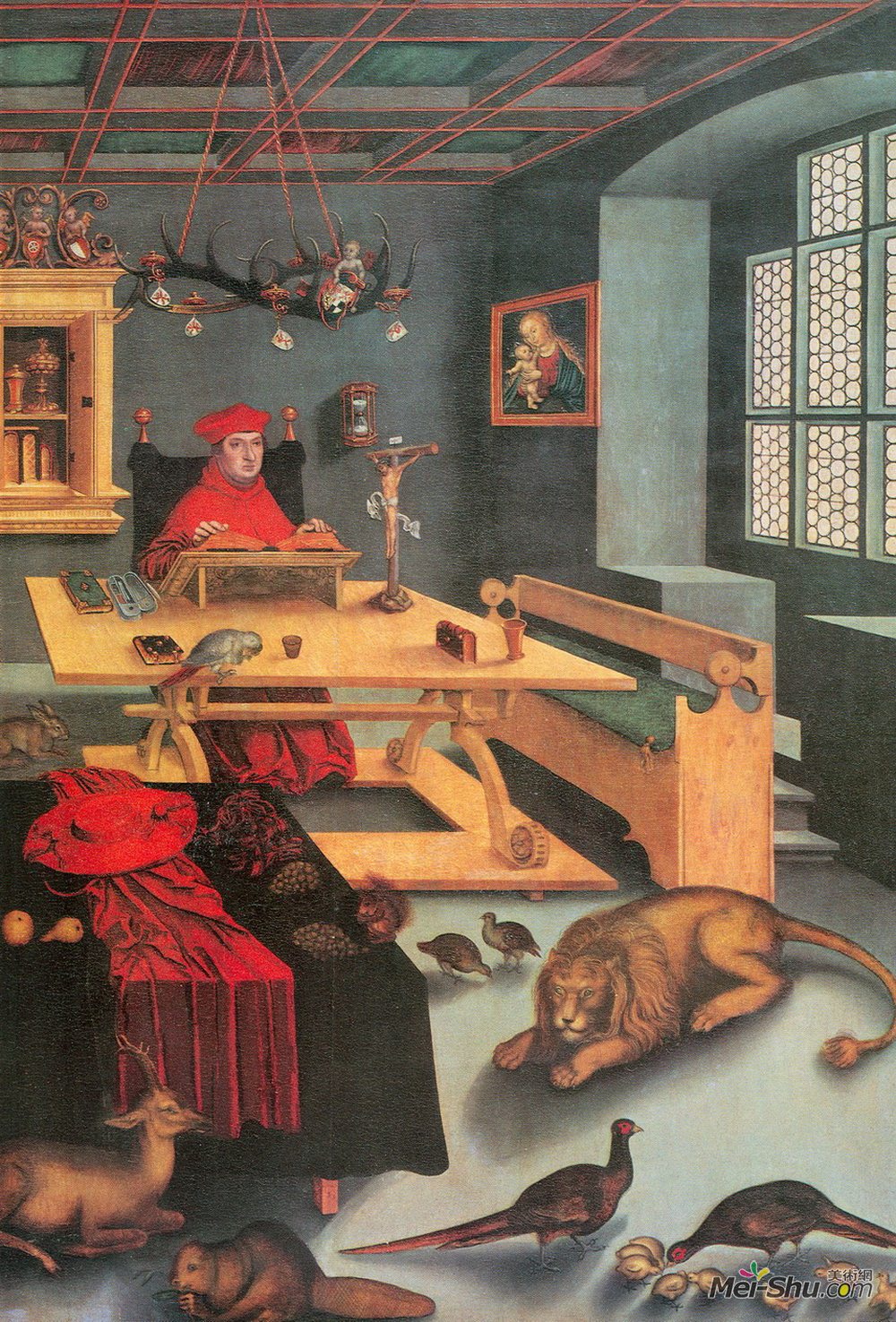大·卢卡斯·克拉纳赫(Lucas Cranach the Elder)高清作品《勃兰登堡的阿尔布雷希特在他的研究中作为圣杰罗姆》