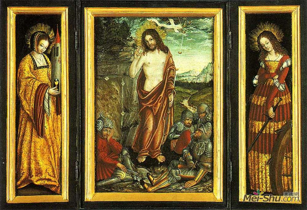 大·卢卡斯·克拉纳赫(Lucas Cranach the Elder)高清作品《带有基督复活的小翼祭坛，圣巴巴》