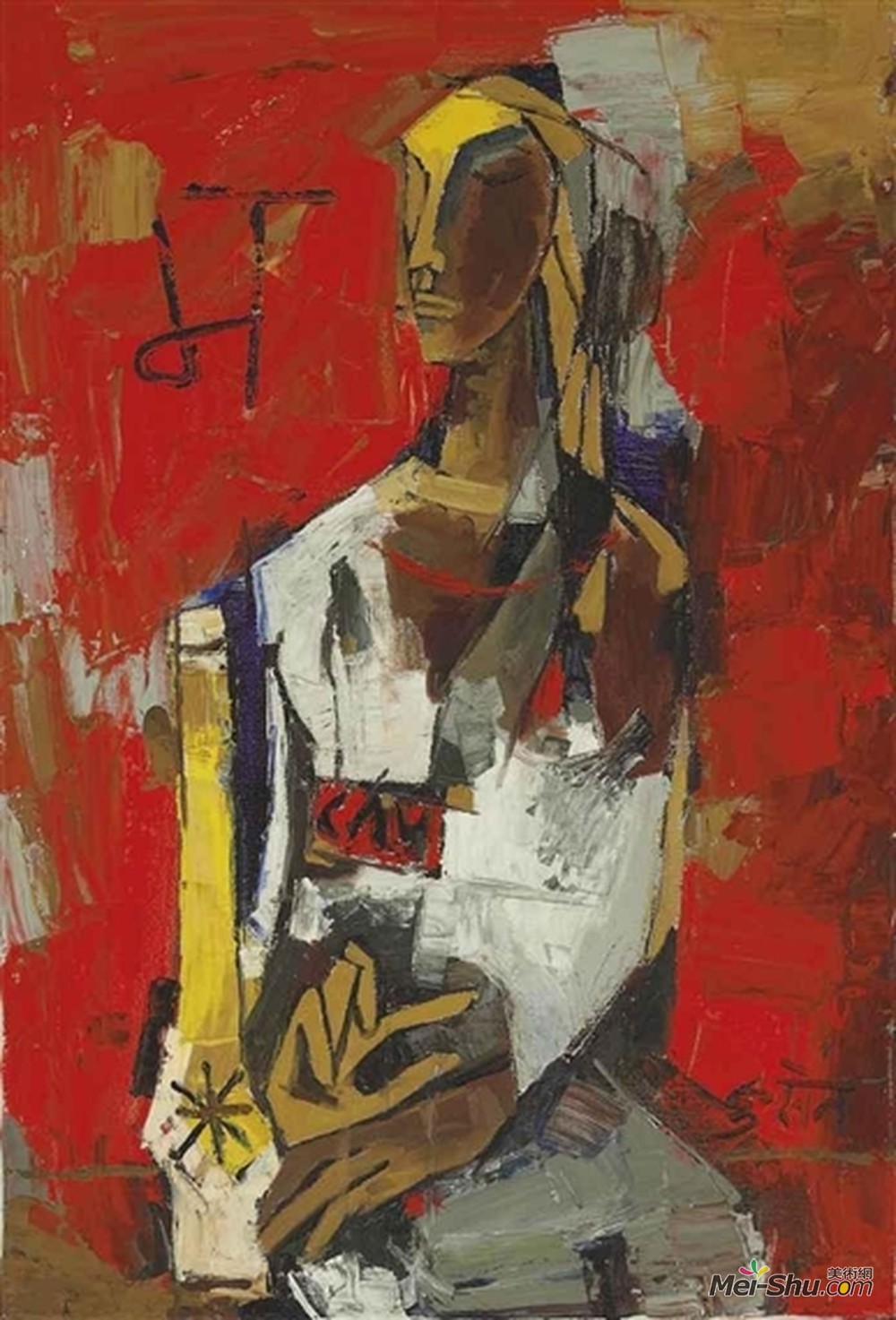 胡森(M.F. Husain)高清作品《山丹丹妇女》