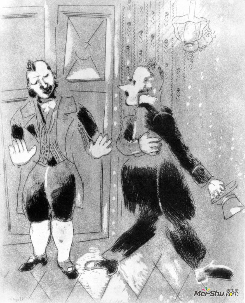 马克·夏加尔(Marc Chagall)高清作品《A doorman doesn't permit Tchitchikov to visit a gove》