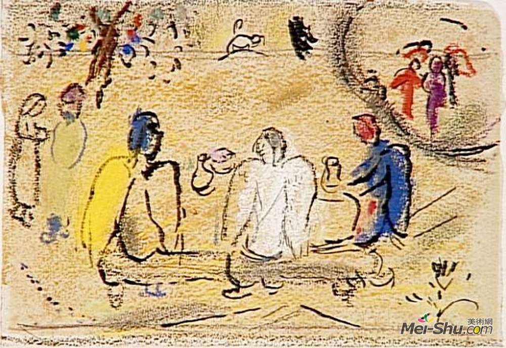 马克·夏加尔(Marc Chagall)高清作品《亚伯拉罕与三天使》