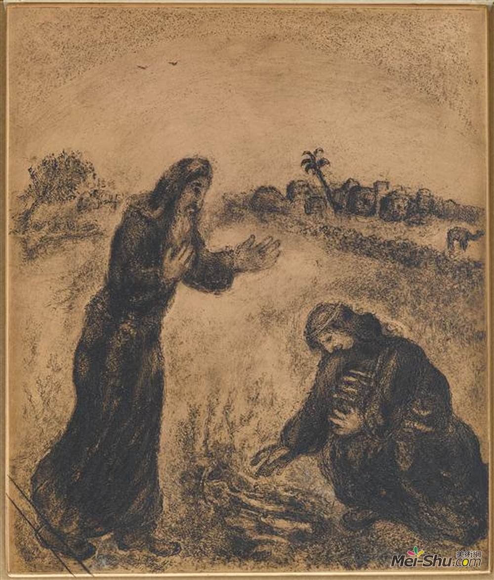 马克·夏加尔(Marc Chagall)高清作品《Elijah met at the gate of Zarephath a widow trying to collec》