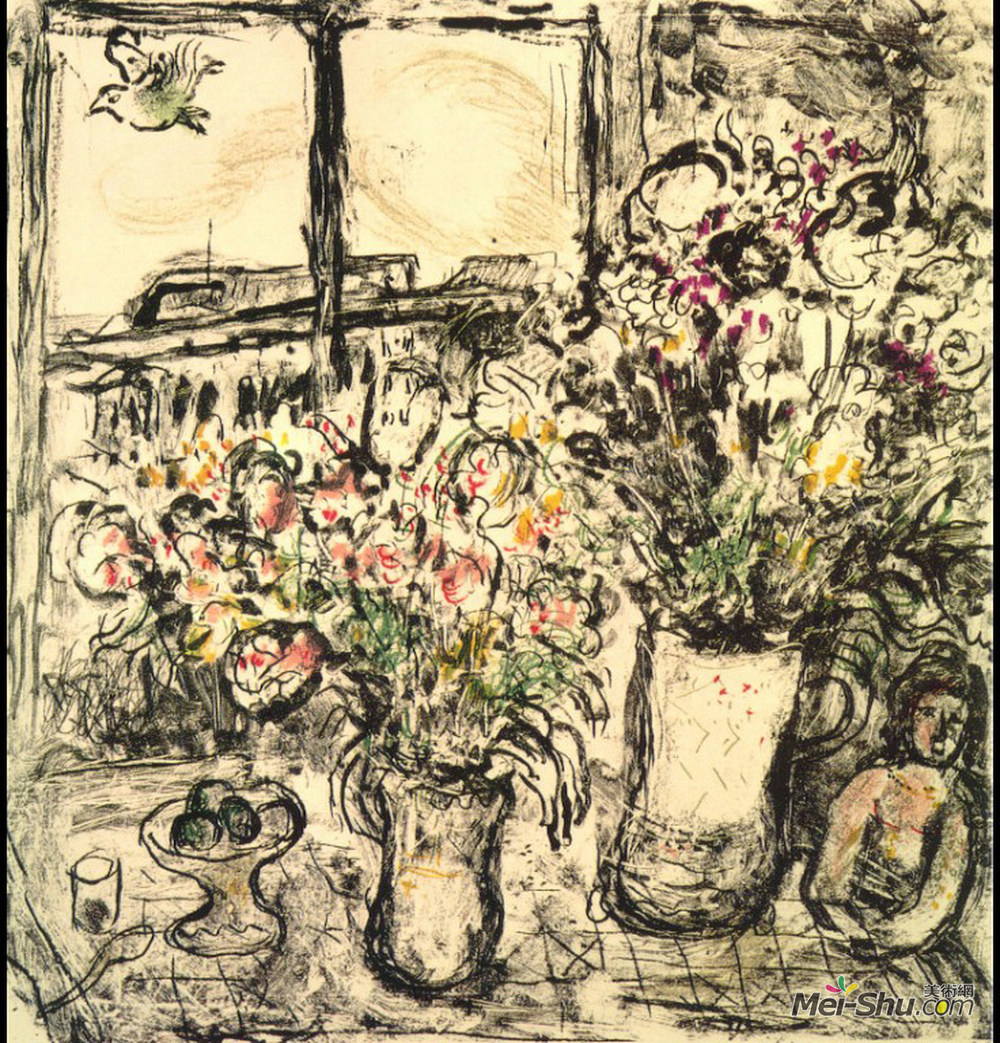 马克·夏加尔(Marc Chagall)高清作品《在窗口前面的花》
